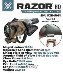 Vortex Optics Razor HD 11-33x50 Spotting Scope Straight RZR-50S1 with CD Hat & Pen