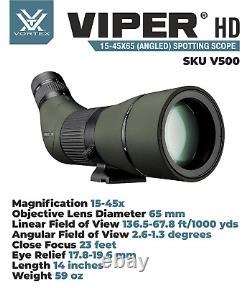 Vortex Optics Viper HD 15-45x65 Angled Spotting Scope withCD Hat and Tripod Bundle