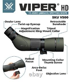 Vortex Optics Viper HD 15-45x65 Angled Spotting Scope withCD Hat and Tripod Bundle