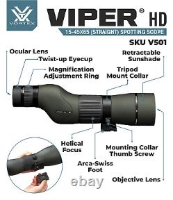 Vortex Optics Viper HD 15-45x65 Straight Spotting Scope with CF Hat and Pen Bundle