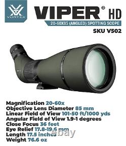Vortex Optics Viper HD 20-60x85 Angled Spotting Scope with Hat and Pen Bundle
