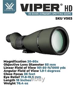 Vortex Optics Viper HD 20-60x85 Straight Spotting Scope with CD Hat and Pen Bundle